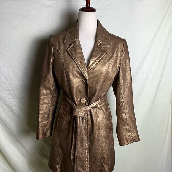 Vintage Y2K Gold Leather Short Trench Coat Belted Jacket Button Down Small - Picture 6 of 9